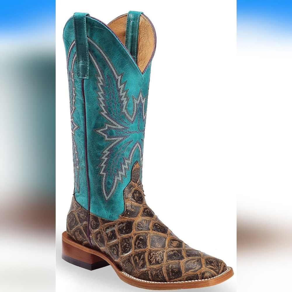 Macie Bean Cocoa Brown Fish Print and Turquoise Square Toe Cowboy Boots W7